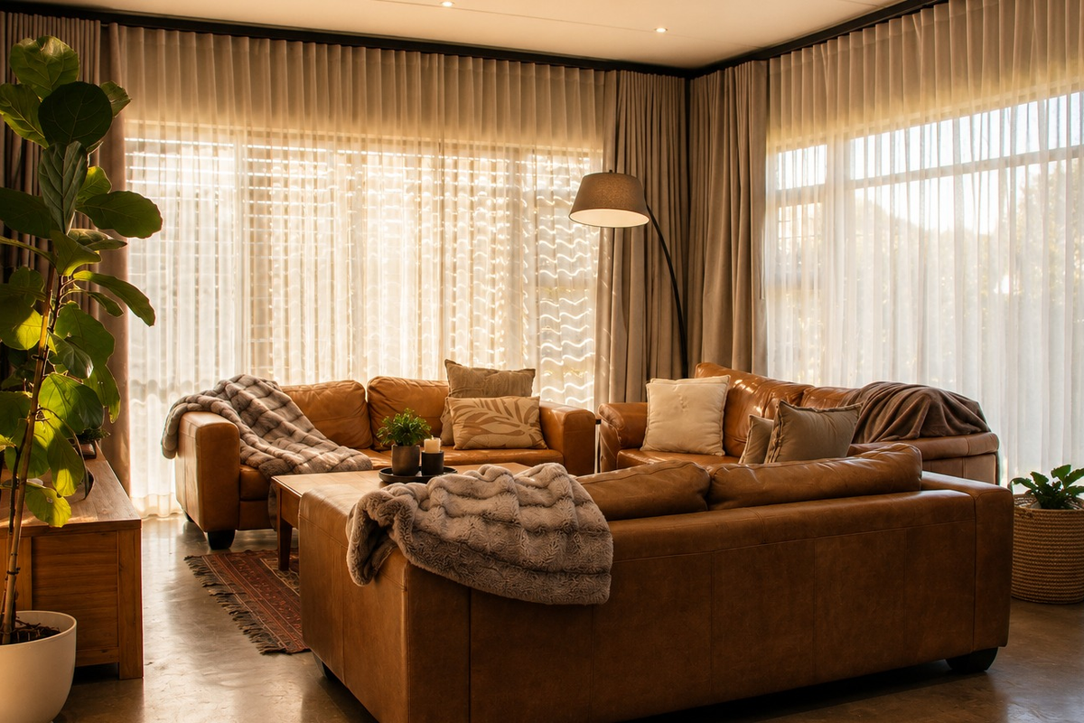 A well-lit living room featuring polished concrete floors, floor-to-ceiling curtains, and recessed ceiling lighting, creating a warm and inviting atmosphere.