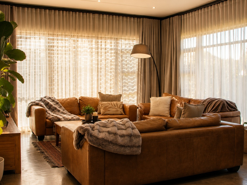 A well-lit living room featuring polished concrete floors, floor-to-ceiling curtains, and recessed ceiling lighting, creating a warm and inviting atmosphere.