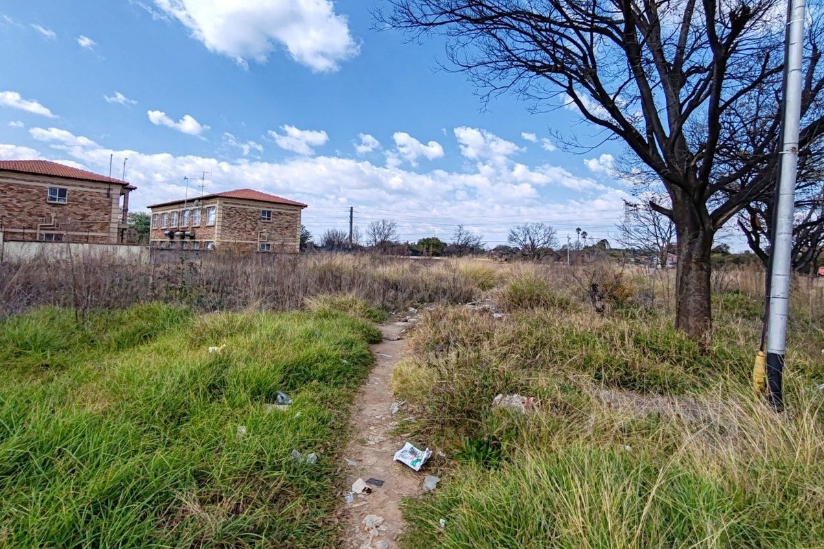 A view of a vacant residential plot featuring overgrown grass, a mature tree, and a utility pole, with neighboring residential buildings in the background.