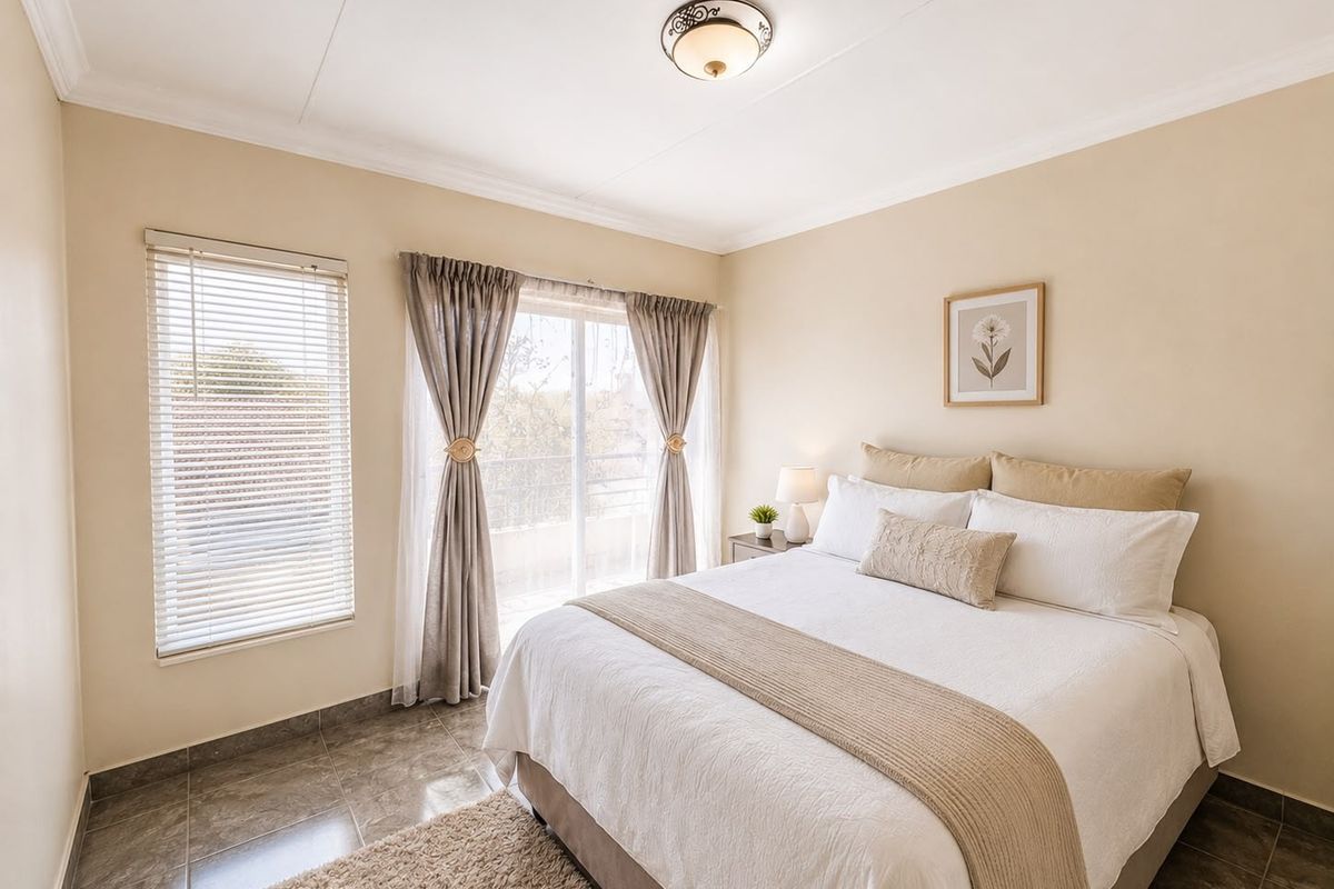 A well-maintained bedroom featuring tiled flooring, a sliding glass door leading to a balcony, and neutral wall tones.