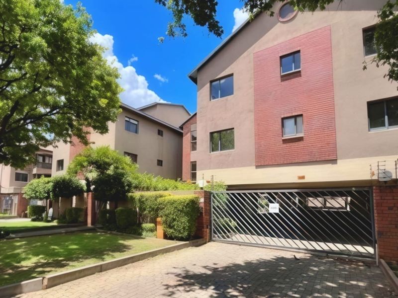Exterior view of a multi-story apartment complex featuring a brick facade, secure gated entrance, paved driveway, and well-maintained landscaped garden area.