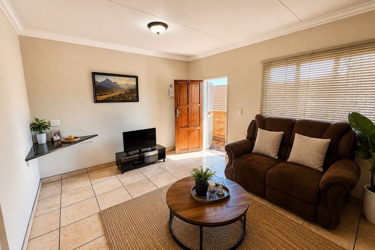 A well-maintained living room featuring tiled flooring, a built-in corner shelf, and direct access to an outdoor area through a wooden door.