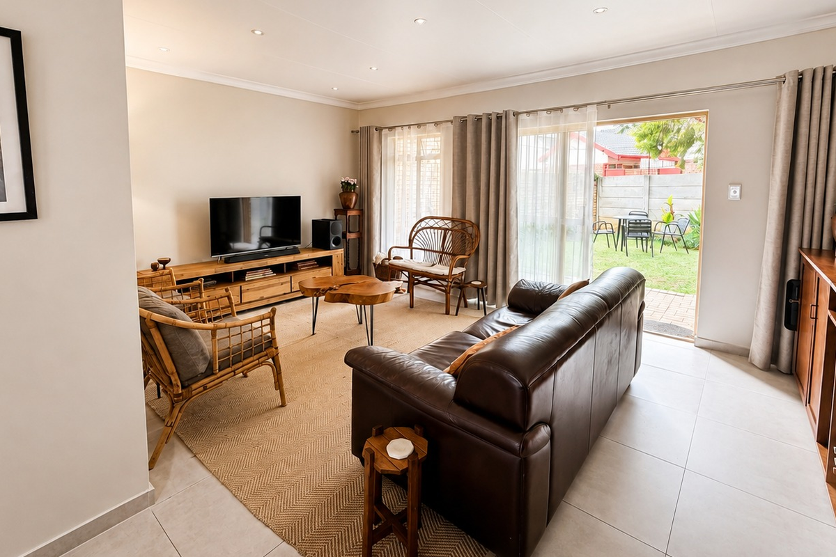 A bright and well-maintained living room featuring tiled floors, recessed lighting, and a sliding glass door providing direct access to the rear garden.