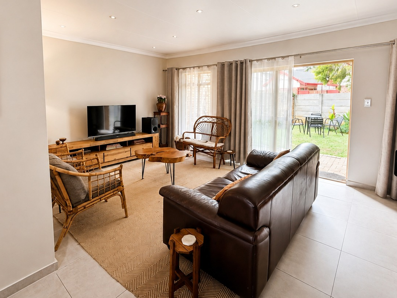 A bright and well-maintained living room featuring tiled floors, recessed lighting, and a sliding glass door providing direct access to the rear garden.