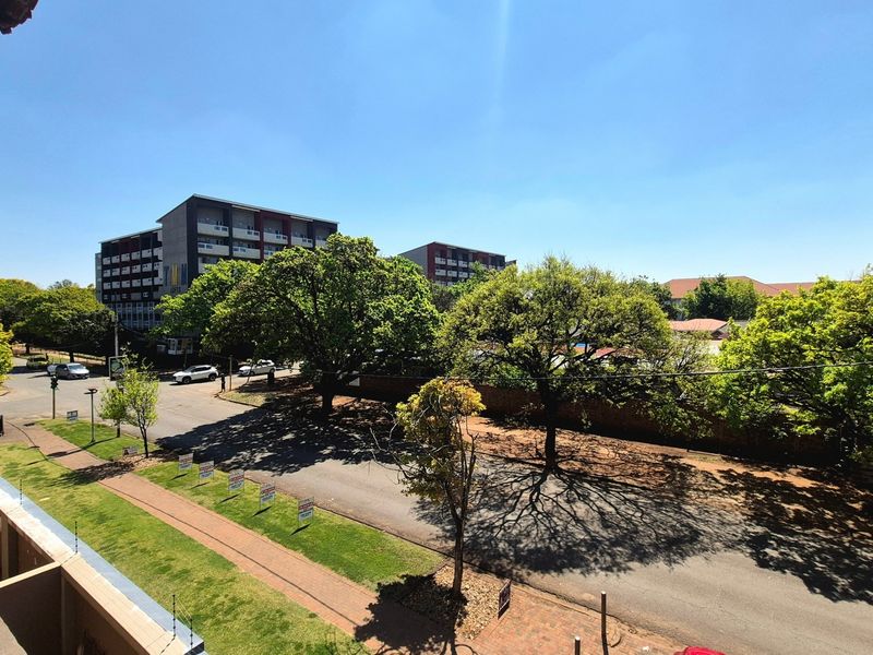 An elevated view overlooking the street, surrounding neighbourhood, and mature trees from the apartment balcony.