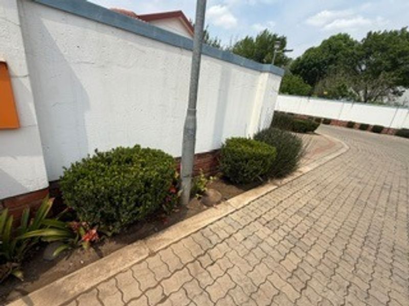 A view of the property's boundary wall and paved driveway, featuring established landscaping and a street light pole.