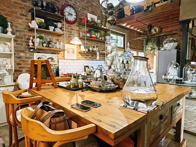 A rustic-style kitchen featuring exposed brick walls, subway tile backsplash, and custom timber cabinetry with an integrated wooden staircase.