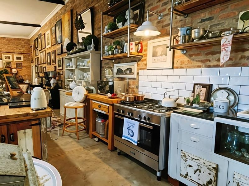 A rustic-style kitchen featuring exposed brick walls, subway tile backsplash, stainless steel gas range, and open shelving with concrete flooring.