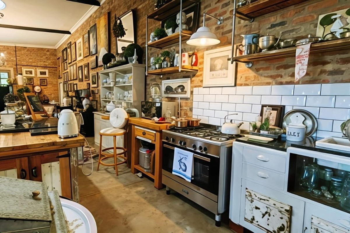 A rustic-style kitchen featuring exposed brick walls, subway tile backsplash, stainless steel gas range, and open shelving with concrete flooring.