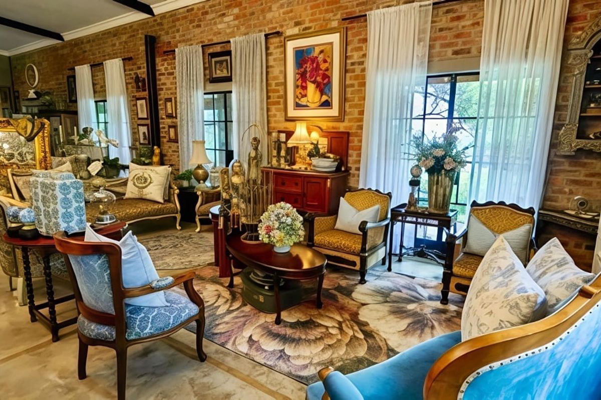Spacious living room featuring characterful exposed brick walls, exposed ceiling beams, and large french doors providing ample natural light.