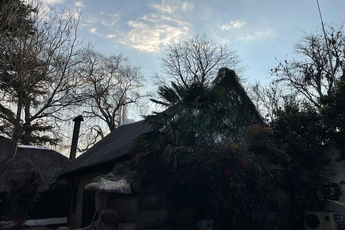 Rear view of a rustic farm-style building featuring a traditional thatch roof, stone masonry accents, and a prominent chimney.