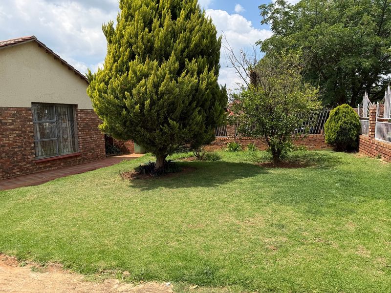 A well-maintained garden area featuring a lush lawn, mature trees, and a brick boundary wall with integrated security fencing.