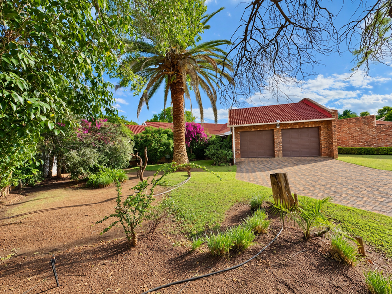 A well-maintained front exterior featuring a double garage, paved driveway, and established garden with mature palm trees and brick facade.