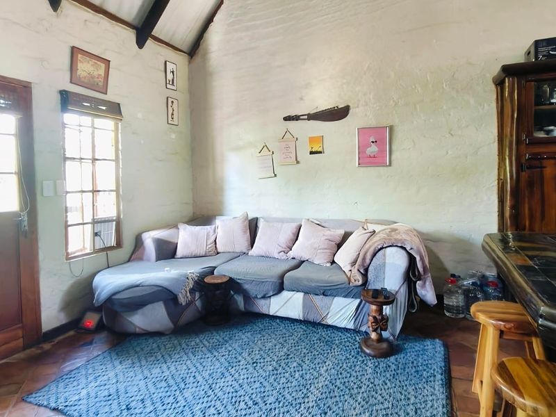 A rustic living room featuring textured plaster walls, exposed timber rafters, and traditional terracotta floor tiles with natural light from a timber-framed door and window.