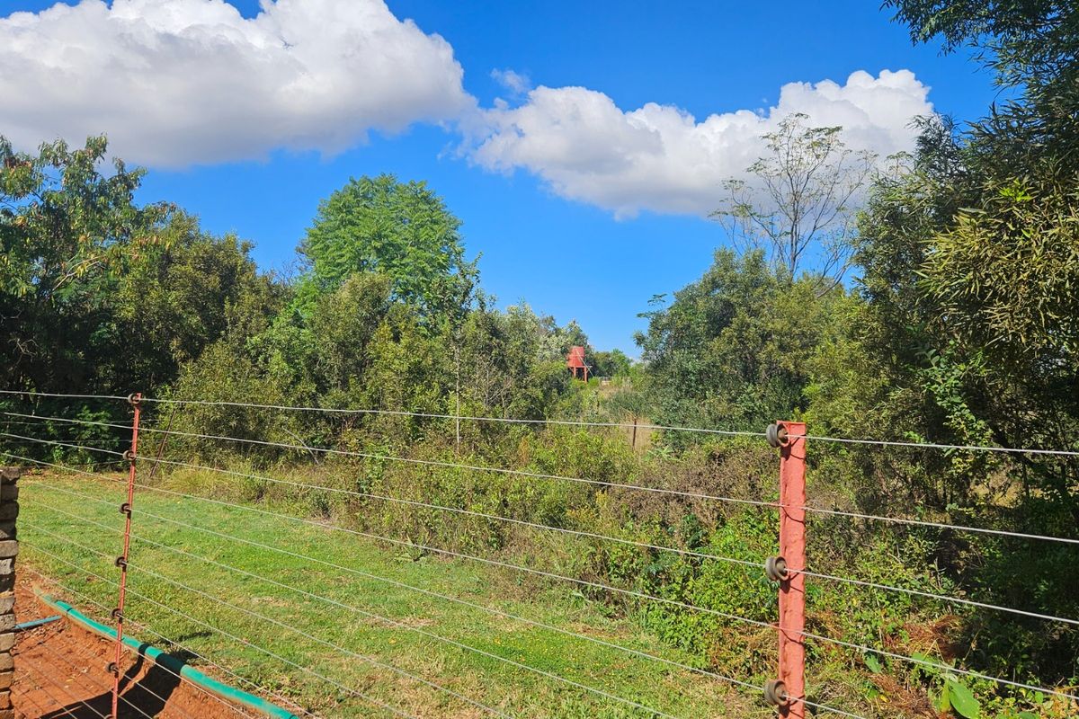 A view of the farm property perimeter featuring an electric security fence and dense surrounding vegetation under a clear blue sky.