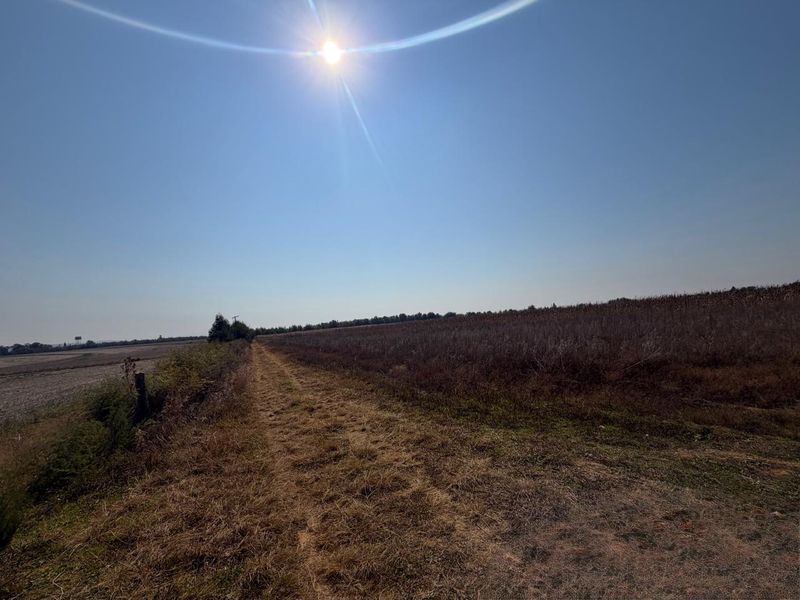 A wide-angle view of a rural farm landscape featuring a dirt track path and open fields under a clear sky.