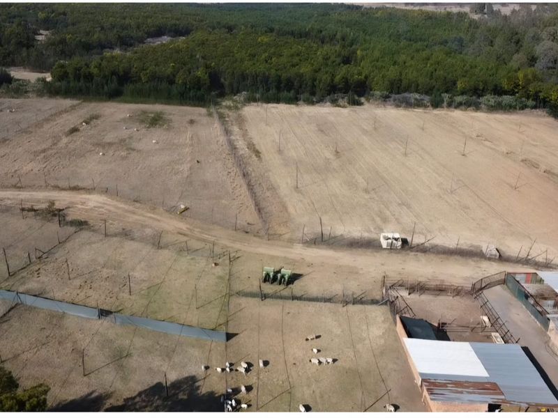 Aerial view of a farm property featuring expansive grazing land, perimeter fencing, and a collection of agricultural outbuildings with metal roofing.