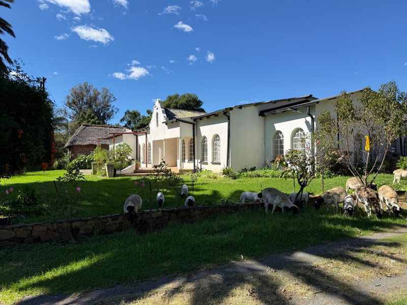 A view of the rear farmstead elevation featuring white gabled architecture, arched windows, and a landscaped garden with a stone retaining wall.