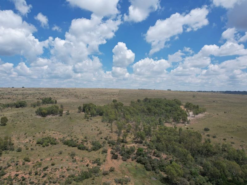 An aerial view of the expansive farm property featuring open grasslands, clusters of indigenous trees, and natural terrain.