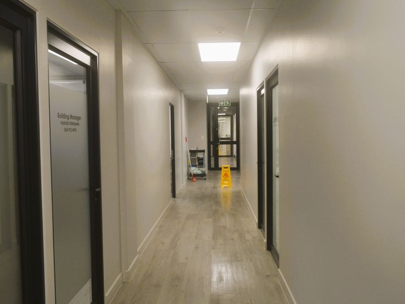 A clean, well-lit commercial office hallway featuring wood-look flooring, suspended ceiling tiles, and multiple glass-paneled office doors.