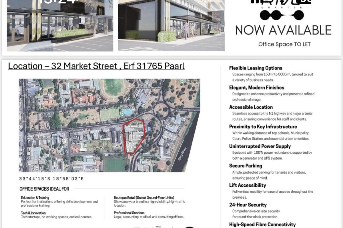 A promotional marketing flyer for office space to let, featuring building exterior imagery, location maps, and property specifications.