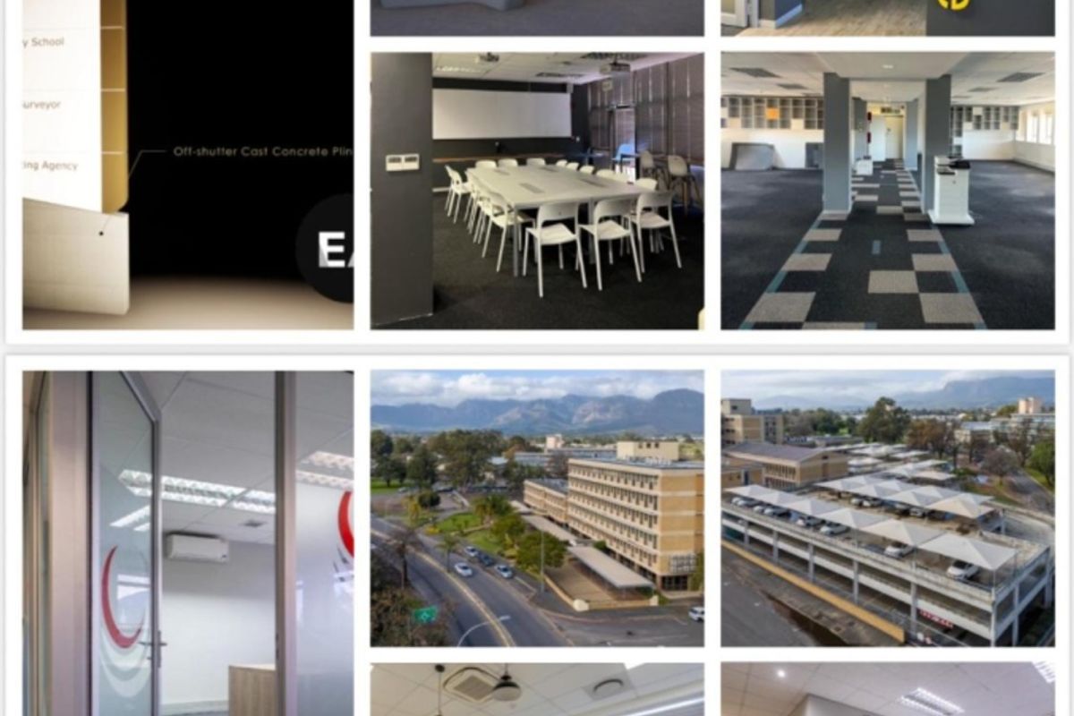 A collage of various office interior spaces, exterior building views, and signage details for the RIVO office property.