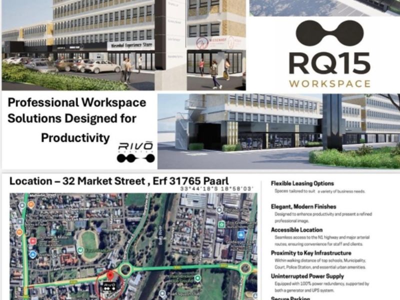 A promotional brochure image showcasing the modern exterior facade and professional workspace facilities of the RQ15 office building in Paarl.