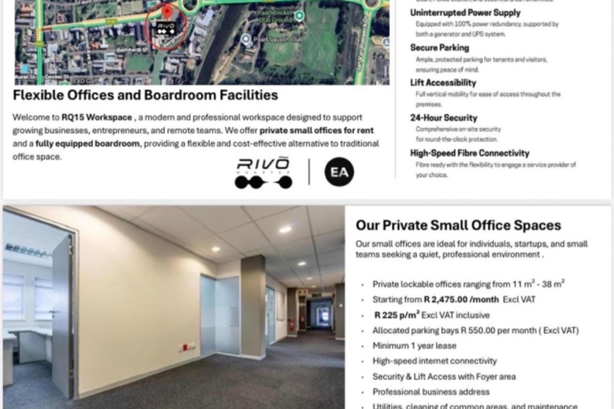 A marketing flyer for Rivo Workspace featuring a location map, office space details, and interior photos of the professional office environment.