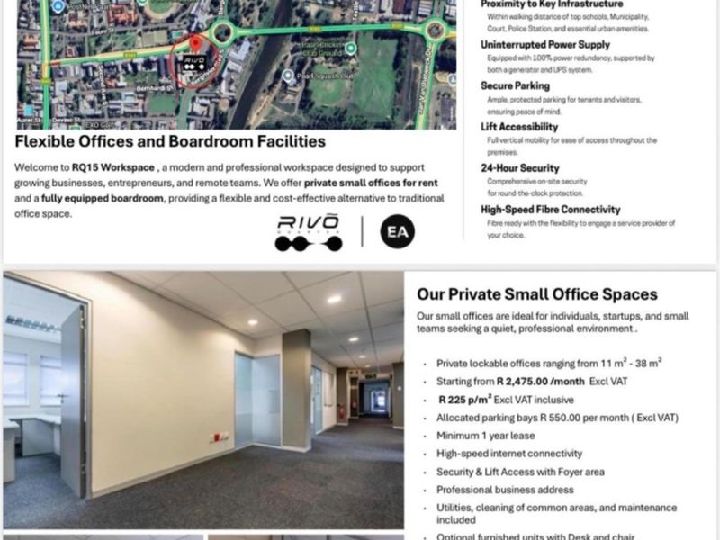 A marketing flyer for Rivo Workspace featuring a location map, office space details, and interior photos of the professional office environment.