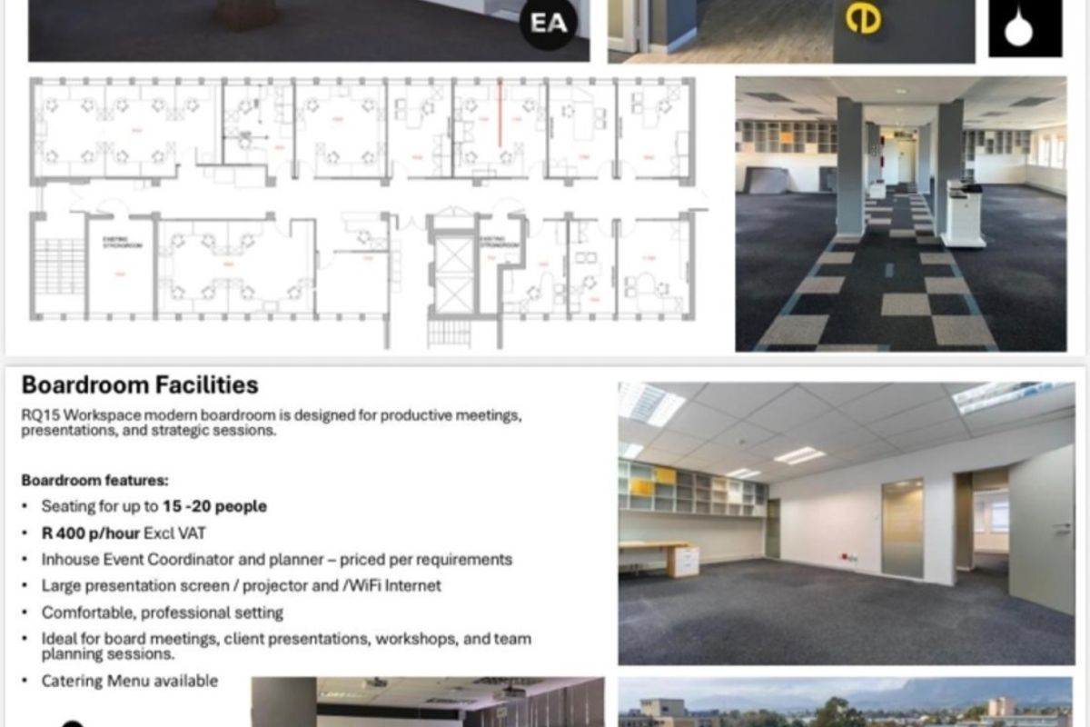 A composite image showcasing various office interior spaces, a floor plan layout, and an aerial view of the property's parking facilities.