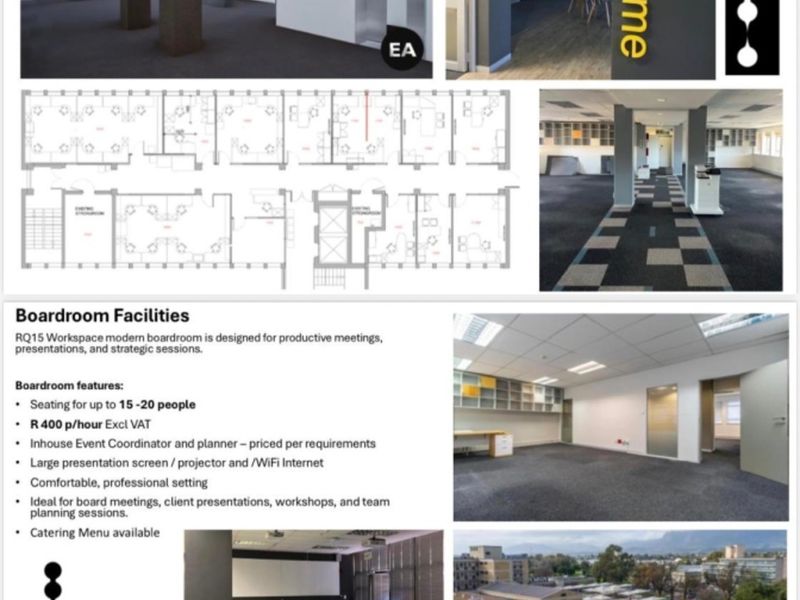 A composite image showcasing various office interior spaces, a floor plan layout, and an aerial view of the property's parking facilities.