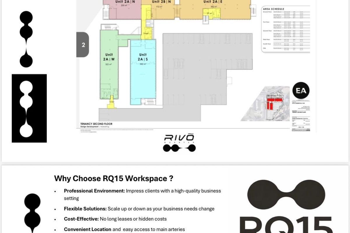 A detailed floor plan layout for the second floor of the RQ15 Workspace commercial hub, showing various office unit configurations and area schedules.