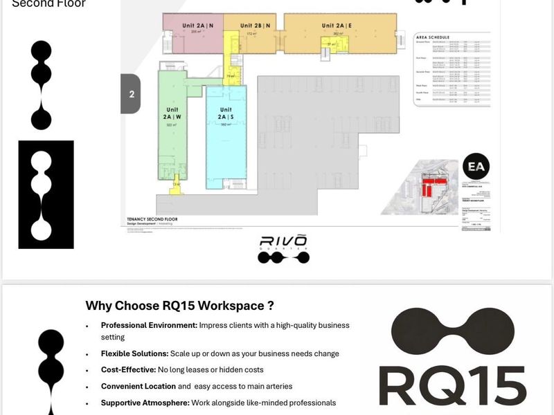 A detailed floor plan layout for the second floor of the RQ15 Workspace commercial hub, showing various office unit configurations and area schedules.