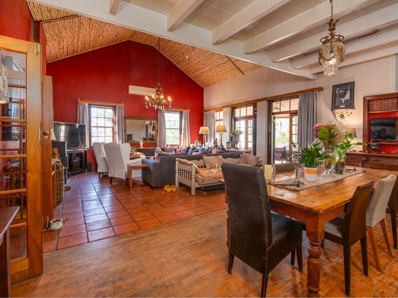 Spacious open-plan living and dining area featuring high vaulted ceilings with exposed beams, terracotta tiling, and direct access to the patio through french doors.