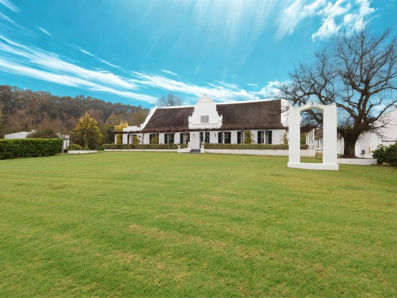 A beautiful Cape Dutch style farmhouse featuring a traditional thatched roof, white gabled facade, and expansive manicured lawns.