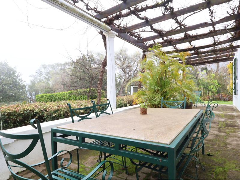 A covered outdoor patio featuring a timber pergola, concrete columns, and paved flooring, overlooking a garden area.