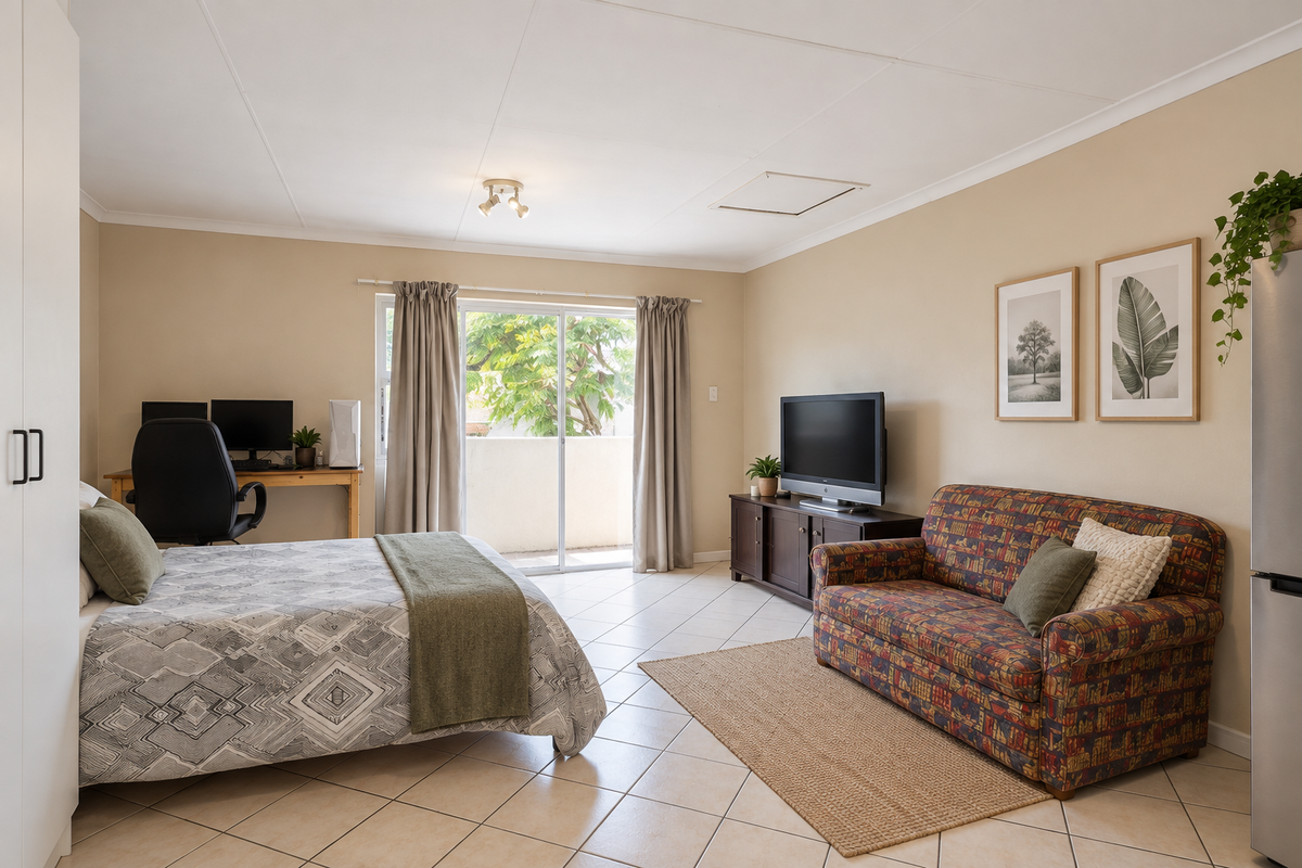 Open-plan studio apartment featuring ceramic tiled flooring, a built-in wardrobe, and a sliding glass door providing access to a balcony.