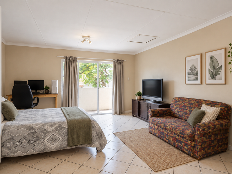 Open-plan studio apartment featuring ceramic tiled flooring, a built-in wardrobe, and a sliding glass door providing access to a balcony.