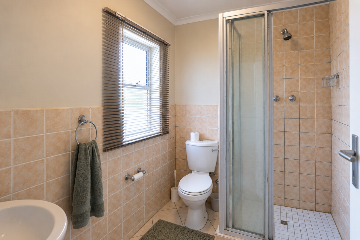 A functional bathroom featuring a shower enclosure, toilet, and neutral tiled finishes, offering a clean and practical space.