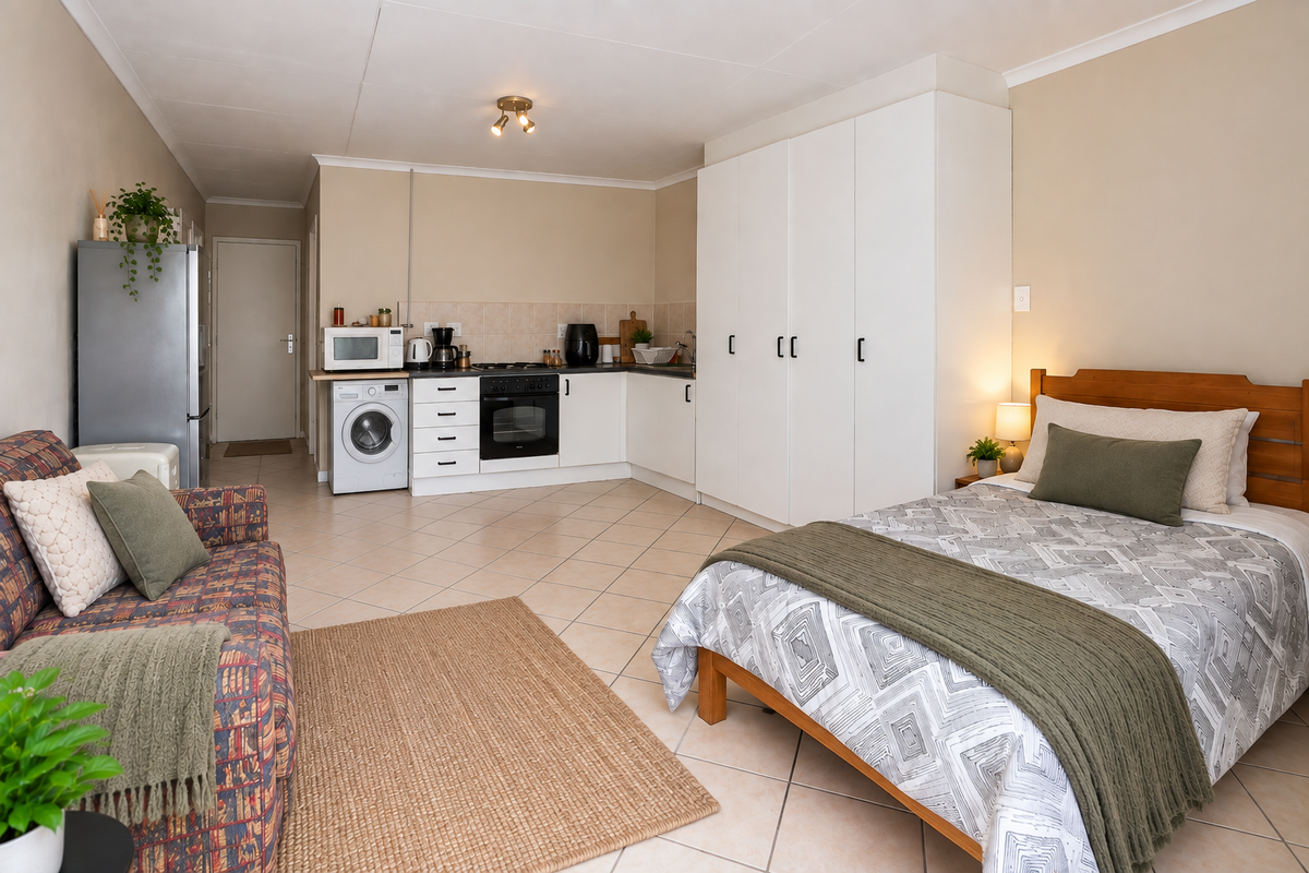 A functional open-plan studio apartment featuring a compact kitchen with built-in appliances, tiled flooring, and integrated wardrobe storage.