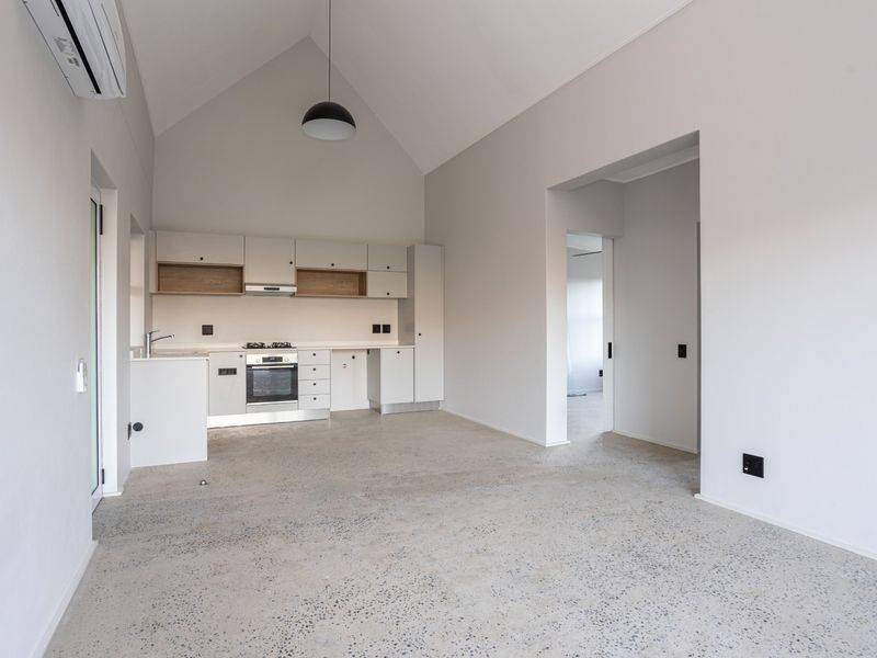 Spacious open-plan living area featuring a modern kitchen with built-in appliances, vaulted ceilings, and polished concrete flooring throughout.