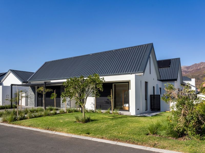Modern single-story house featuring a sleek metal roof, stone accent wall, and a well-maintained front garden with a paved driveway.