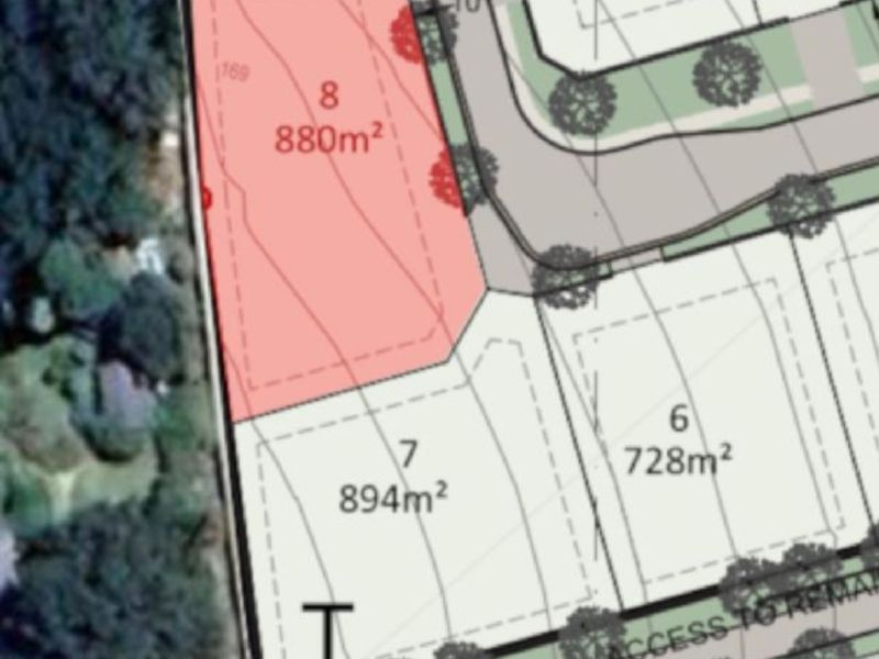 A site plan showing the layout and dimensions of residential plot number 8, measuring 880 square meters.