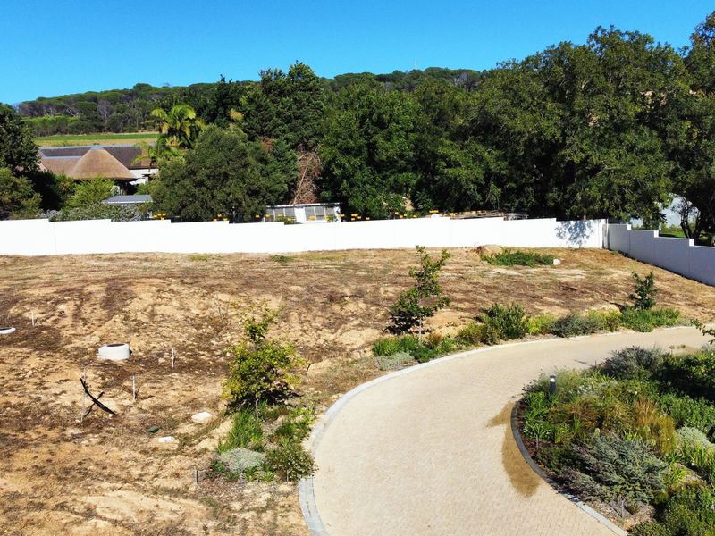Aerial view of a vacant residential plot featuring a paved driveway, perimeter wall, and established landscaping.