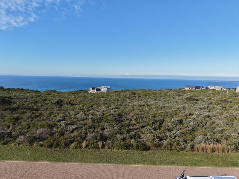 An elevated view of a vacant residential plot featuring natural coastal vegetation with an expansive ocean horizon in the background.