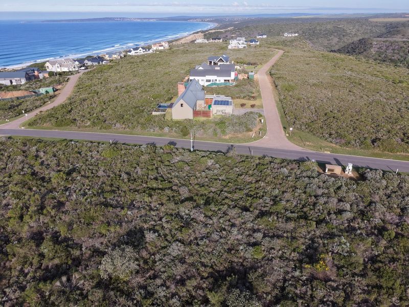 An aerial view of a residential coastal estate featuring vacant land plots, paved roads, and surrounding natural vegetation with ocean views.