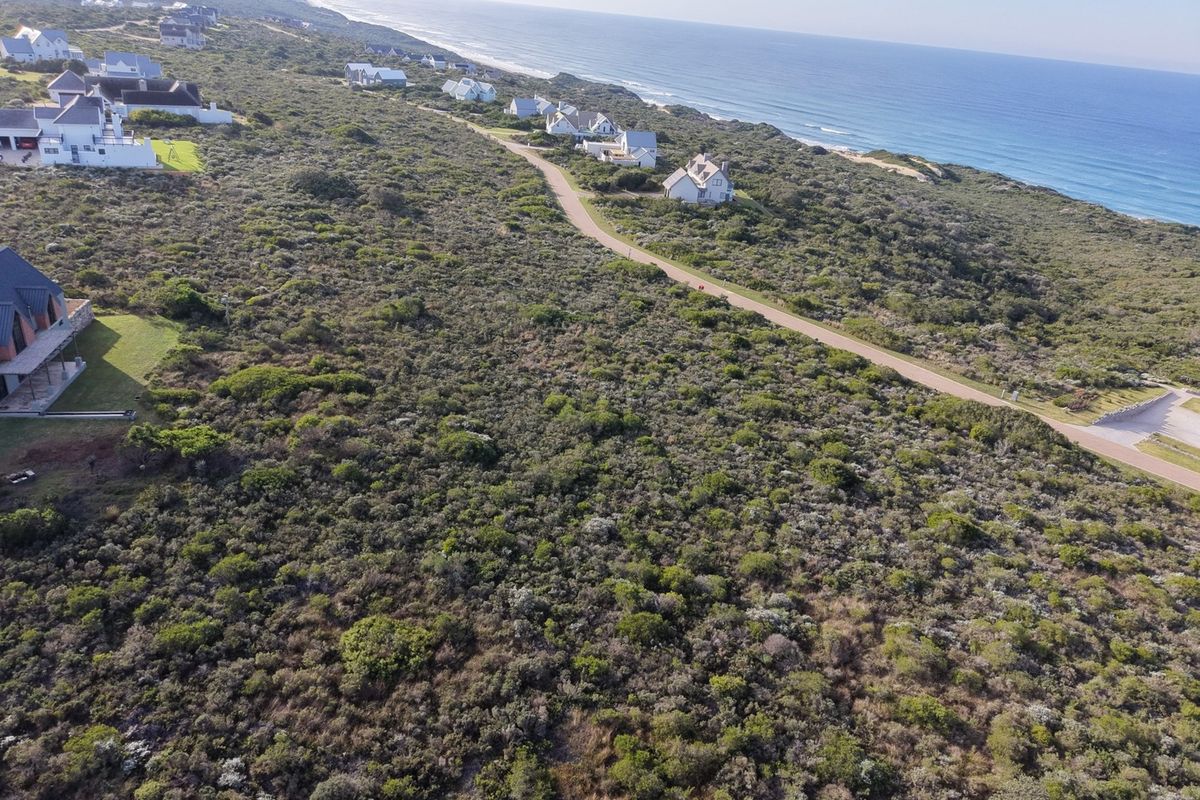 An aerial view of a vacant residential plot featuring native coastal vegetation, situated near a paved road and the coastline.