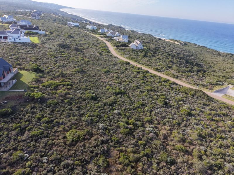 An aerial view of a vacant residential plot featuring native coastal vegetation, situated near a paved road and the coastline.