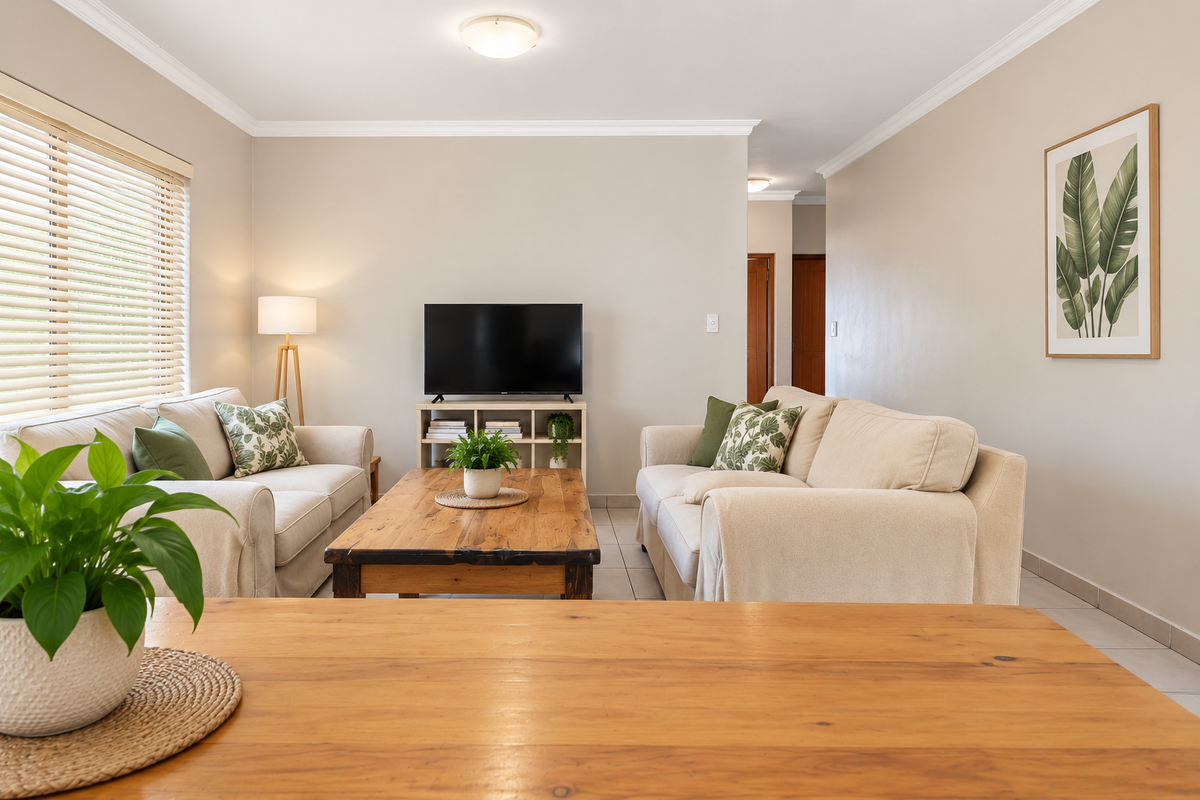 A well-maintained living room featuring neutral wall tones, tiled flooring, and venetian blinds, providing a bright and comfortable space.