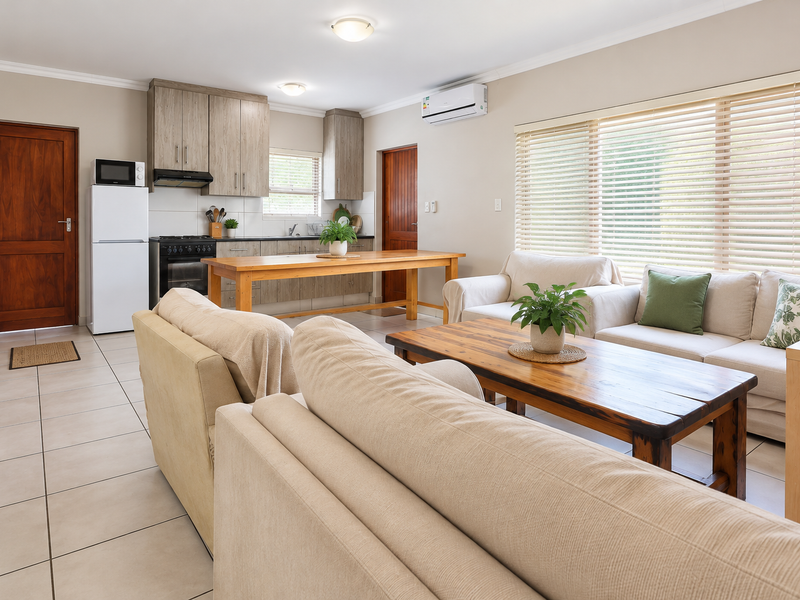 An open-plan living and kitchen area featuring tiled flooring, neutral walls, built-in cabinetry, and a split-system air conditioner.